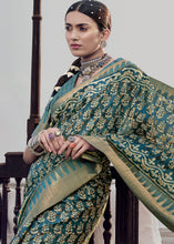 Load image into Gallery viewer, Cadet Blue Printed Designer Silk Saree with Weaving Border