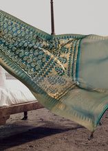 Load image into Gallery viewer, Cadet Blue Printed Designer Silk Saree with Weaving Border