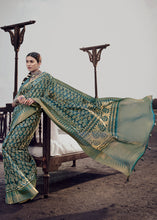 Load image into Gallery viewer, Cadet Blue Printed Designer Silk Saree with Weaving Border