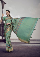 Load image into Gallery viewer, Jade Green Printed Designer Silk Saree with Weaving Border