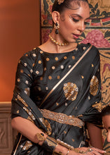Load image into Gallery viewer, Onyx Black Copper Zari Woven Satin Silk Saree