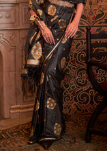 Load image into Gallery viewer, Onyx Black Copper Zari Woven Satin Silk Saree