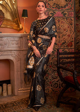 Load image into Gallery viewer, Onyx Black Copper Zari Woven Satin Silk Saree