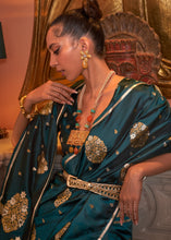 Load image into Gallery viewer, Peacock Green Copper Zari Woven Satin Silk Saree