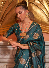 Load image into Gallery viewer, Peacock Green Copper Zari Woven Satin Silk Saree