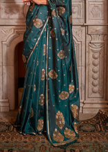 Load image into Gallery viewer, Peacock Green Copper Zari Woven Satin Silk Saree