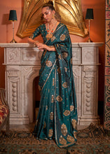 Load image into Gallery viewer, Peacock Green Copper Zari Woven Satin Silk Saree