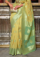 Cargar imagen en el visor de la galería, Blonde Yellow Woven Linen Silk Saree with Contrast Border &amp; Pallu