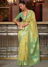 Cargar imagen en el visor de la galería, Blonde Yellow Woven Linen Silk Saree with Contrast Border &amp; Pallu
