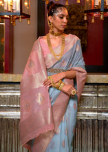 Load image into Gallery viewer, Sky Blue Woven Linen Silk Saree with Contrast Border &amp; Pallu