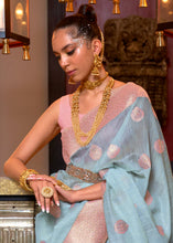 Load image into Gallery viewer, Sky Blue Woven Linen Silk Saree with Contrast Border &amp; Pallu
