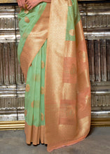 Load image into Gallery viewer, Fern Green Woven Linen Silk Saree with Contrast Border &amp; Pallu