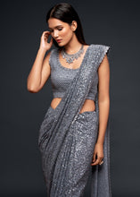 Laden Sie das Bild in den Galerie-Viewer, Silver Grey Sequins &amp; Thread Embroidered Designer Georgette Saree