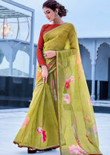 Load image into Gallery viewer, Olive Green Floral Handprinted Organza Silk Saree