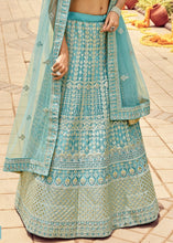 Laden Sie das Bild in den Galerie-Viewer, Light Turquoise Blue Organza Lehenga Choli with Zarkan,Gota,Zari &amp; Resham work