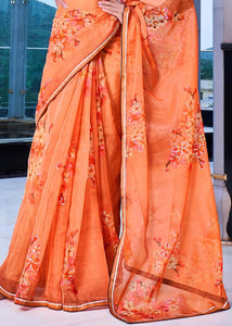 Amber Orange Floral Handprinted Organza Silk Saree