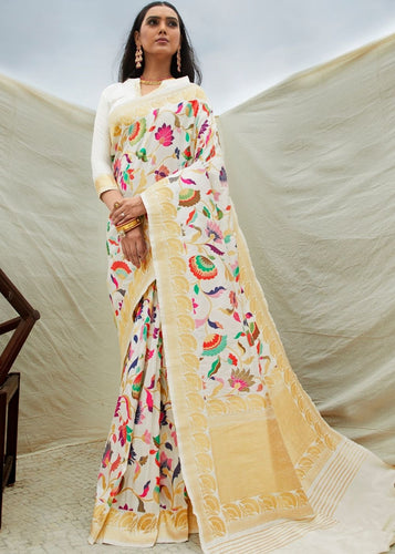 Off White Silk Floral Woven Saree