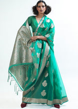 Cargar imagen en el visor de la galería, Jade Green Designer Woven Organza Silk Saree