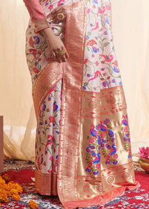 Pearl White Woven Paithani Silk Saree