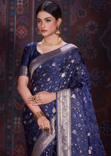 Load image into Gallery viewer, Oxford Blue Zari Woven Satin Silk Saree