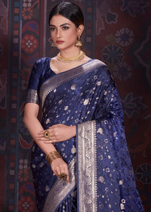 Oxford Blue Zari Woven Satin Silk Saree