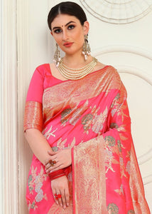 Strawberry Pink Zari Woven Banarasi Silk Saree