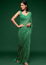 Carica l&#39;immagine nel visualizzatore Galleria,Shamrock Green Sequins &amp; Thread Embroidered Designer Georgette Saree