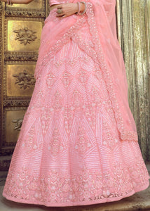 Creamy Pink Soft Net Lehenga Choli with Sequins, Thread, Zari & Dori work