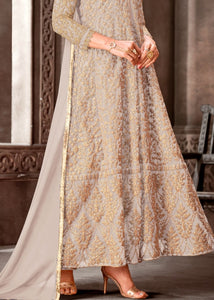 Oat Brown Designer Net Anarkali Suit with Full Thread Embroidery Work