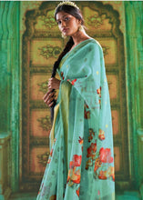 Laden Sie das Bild in den Galerie-Viewer, Deep Sky Blue Zari Woven Linen Silk Saree Having Floral Digital Print