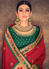 Cargar imagen en el visor de la galería, Crimson Red Woven Paithani Banarasi Silk Saree with Swarovski work &amp; Embroidered Blouse