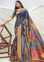 Carica l&#39;immagine nel visualizzatore Galleria,Navy Blue and Grey Handloom Woven Silk Saree