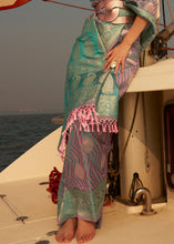 Load image into Gallery viewer, Blue &amp; Pink Two Tone Designer Satin Silk Saree