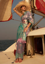 Load image into Gallery viewer, Blue &amp; Pink Two Tone Designer Satin Silk Saree