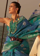 Load image into Gallery viewer, Blue &amp; Green Two Tone Designer Satin Silk Saree