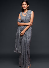 Cargar imagen en el visor de la galería, Silver Grey Sequins &amp; Thread Embroidered Designer Georgette Saree