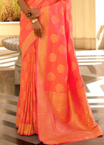 Dark Coral Pink Woven Soft Kanjivaram Silk Saree with overall Butti work