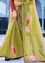 Laden Sie das Bild in den Galerie-Viewer, Olive Green Floral Handprinted Organza Silk Saree