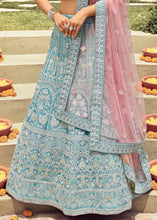 Laden Sie das Bild in den Galerie-Viewer, Picton Blue Organza Lehenga Choli with Dori, Zarkan &amp; Gota work