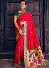 Carica l&#39;immagine nel visualizzatore Galleria,Ruby Red Woven Paithani Banarasi Silk Saree with Swarovski work &amp; Embroidered Blouse