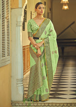 Load image into Gallery viewer, Light Kelly Green Linen Silk Saree with Overall Butti