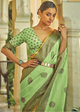 Load image into Gallery viewer, Light Kelly Green Linen Silk Saree with Overall Butti