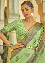 Load image into Gallery viewer, Light Kelly Green Linen Silk Saree with Overall Butti