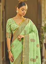 Load image into Gallery viewer, Light Kelly Green Linen Silk Saree with Overall Butti