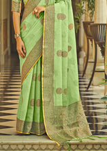 Load image into Gallery viewer, Light Kelly Green Linen Silk Saree with Overall Butti