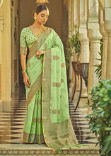 Load image into Gallery viewer, Light Kelly Green Linen Silk Saree with Overall Butti