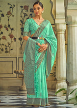 Load image into Gallery viewer, Spring Green Linen Silk Saree with Overall Butti