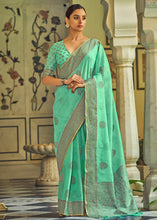 Load image into Gallery viewer, Spring Green Linen Silk Saree with Overall Butti