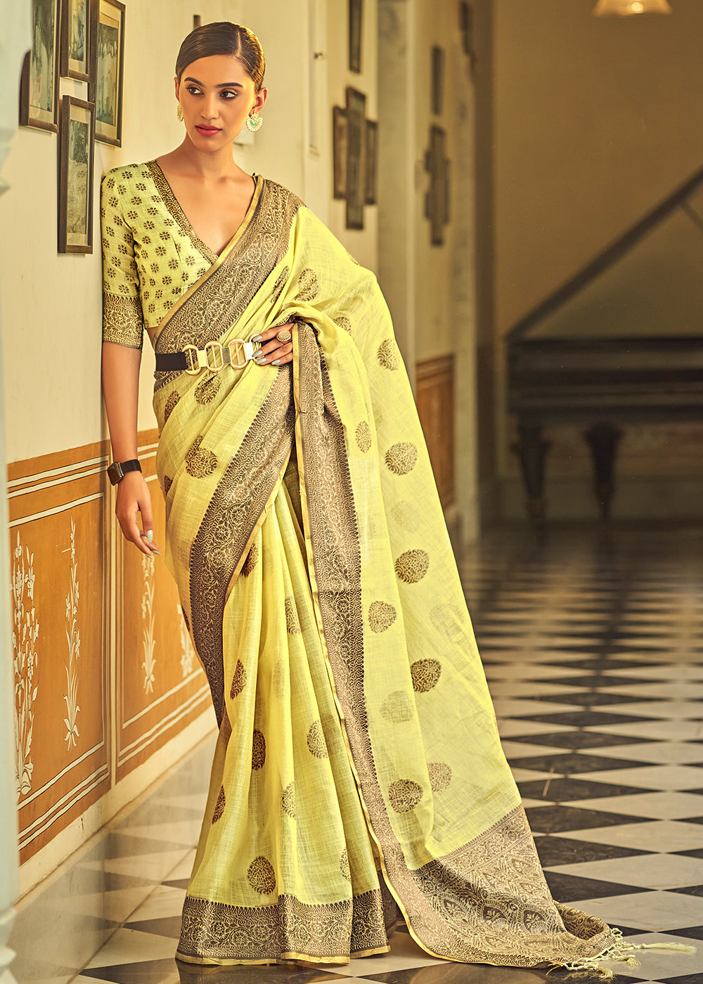 Titanium Yellow Linen Silk Saree with Overall Butti