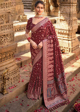 Load image into Gallery viewer, Maroon Red Banarasi Kora Silk Saree with Pashmina Weaving &amp; Zari Border Pallu